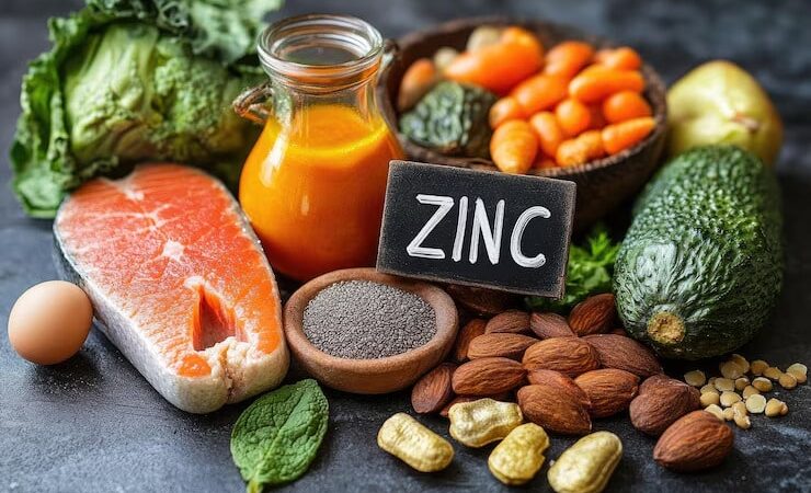 Un poisson, des graines et des légumes avec une ardoise où est inscrit ZINC